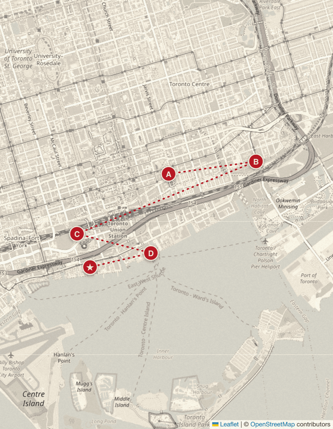 The live trip map, showing three days of lettered stops across downtown Toronto.